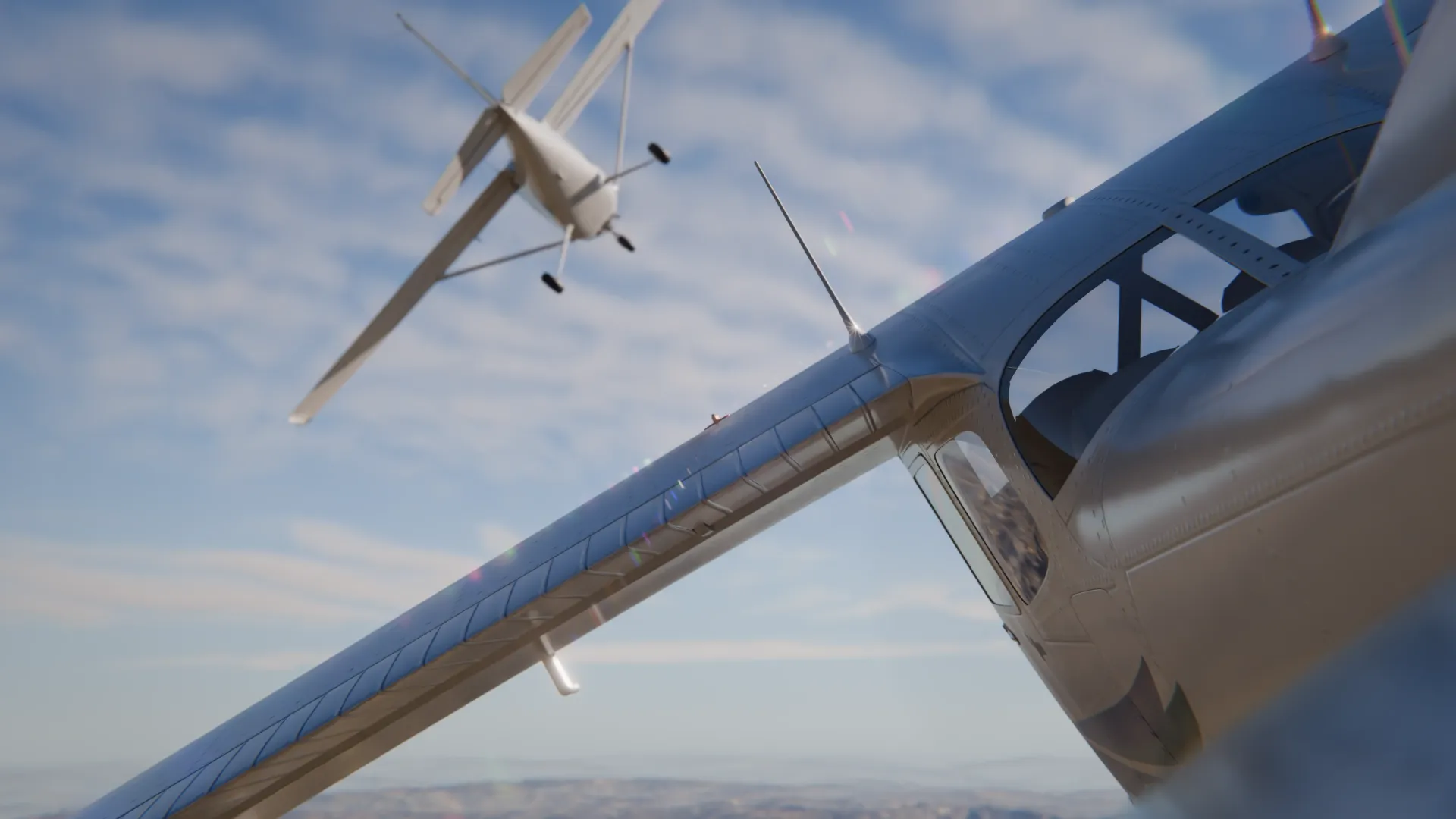 Two Cessna training aircraft flying in formation over the desert